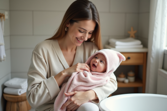 Maman souriante tenant son bébé dans une salle de bain chaleureuse