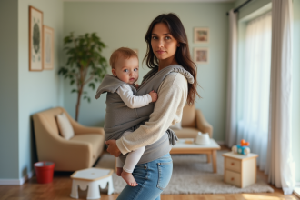 Jeune maman portant son bébé dans un porte-bébé naturel à la maison