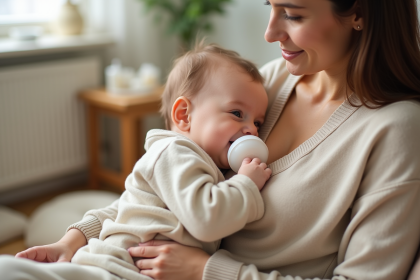 Jeune maman en train de biberonner son bébé dans un salon chaleureux