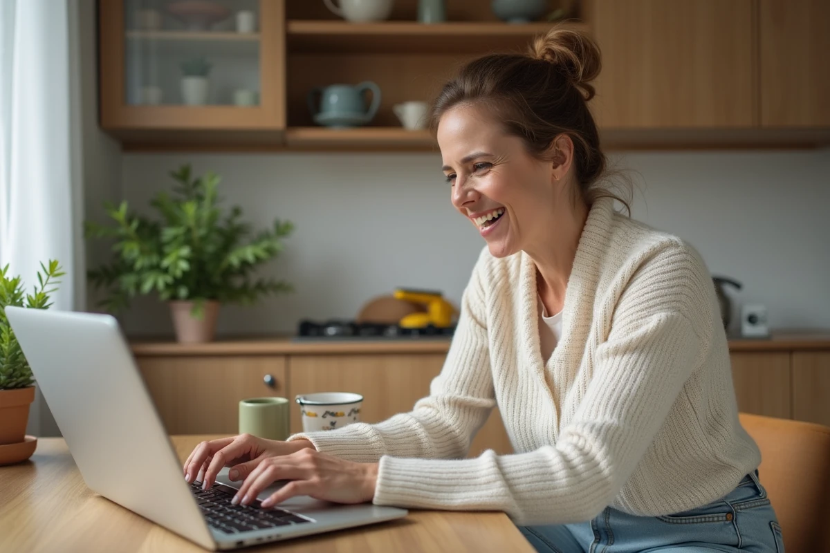 Maman souriante dans sa cuisine moderne et chaleureuse