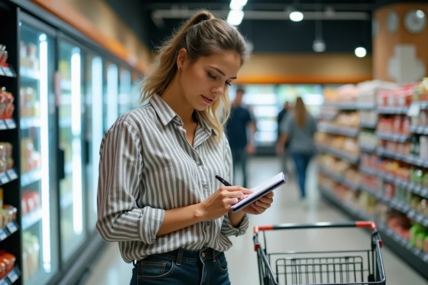 Maman faisant ses courses au supermarché en consultant une liste de courses manuscrite dans une allée de grande surface