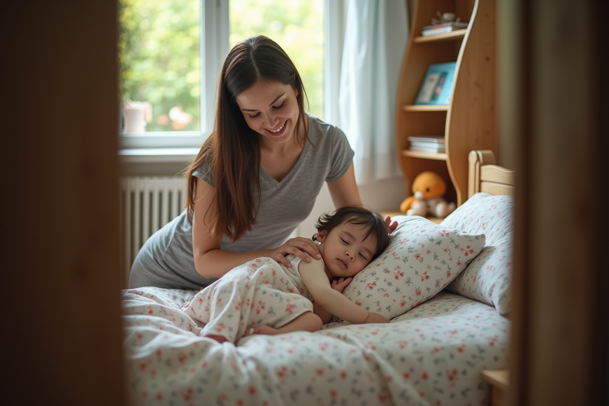 Maman souriante couche sa petite fille dans le lit