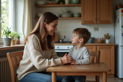 Maman et son fils discutent dans la cuisine chaleureuse