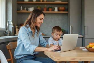 Maman et enfant dans une cuisine lumineuse et moderne