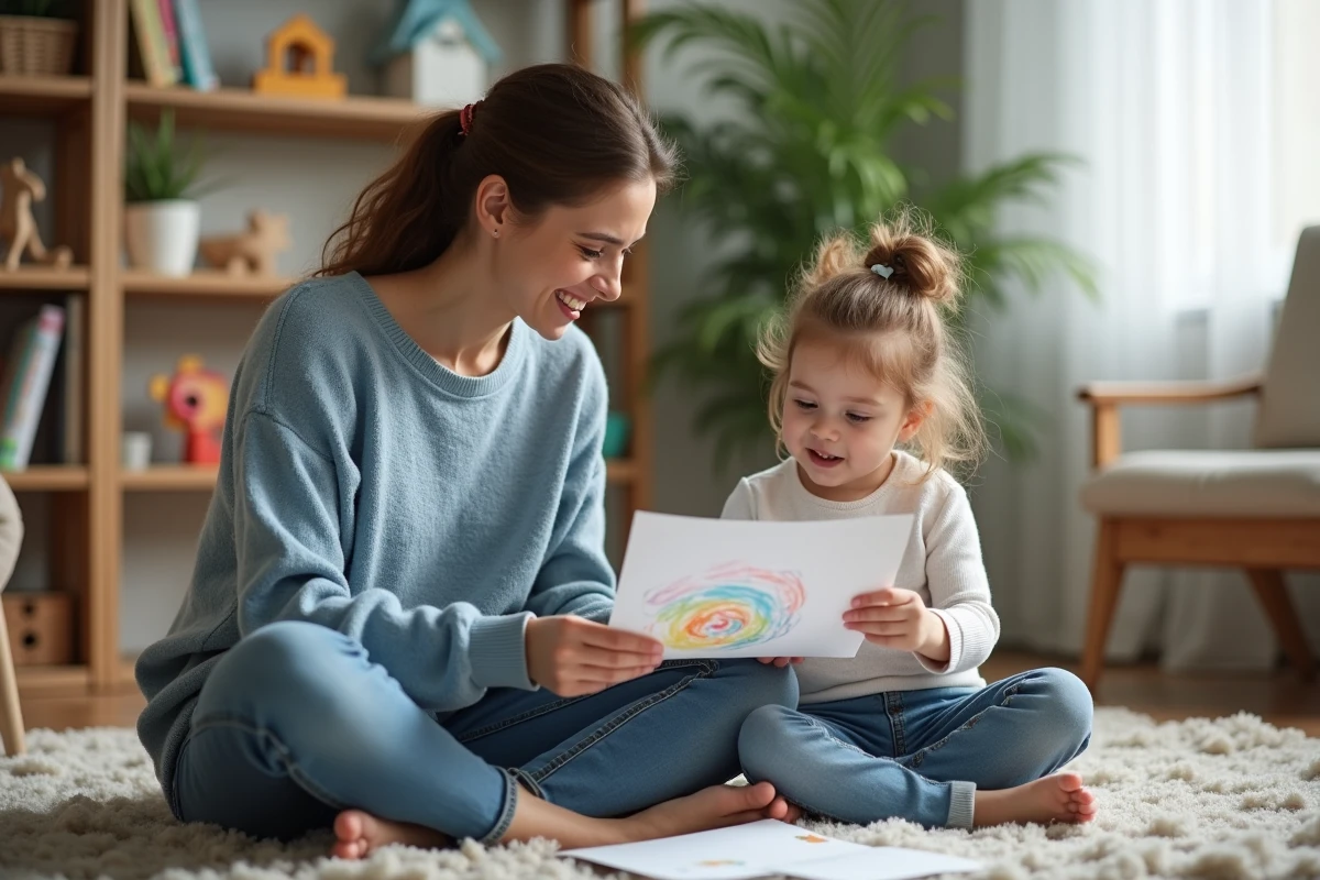 Maman et enfant regardant un dessin dans un salon chaleureux