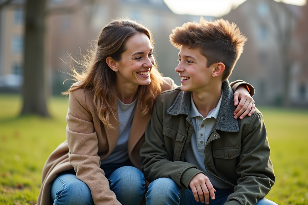 Mère souriante avec son adolescent dans un parc urbain