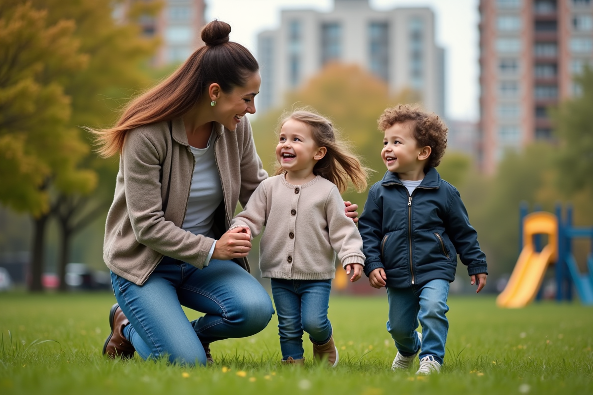 Maman et ses enfants jouant dans un parc urbain en plein air