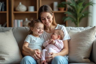 Maman avec ses enfants dans un salon chaleureux