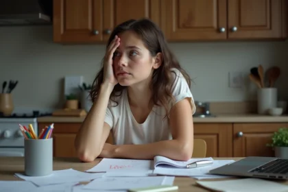Maman fatiguée assise à la table avec papiers et enfants