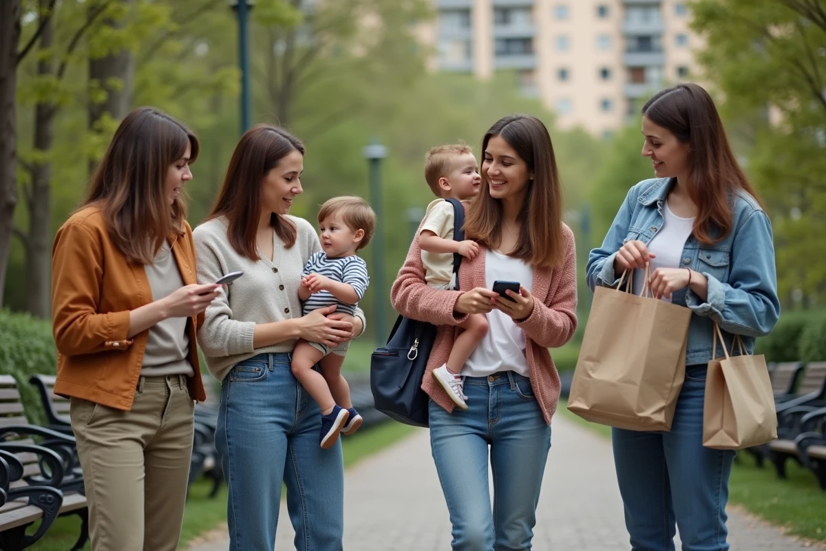 Groupes de mamans dans un parc urbain avec enfants et courses