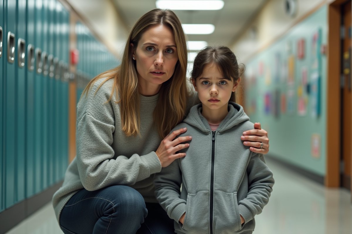 Maman inquiète consolant sa fille dans le couloir de l