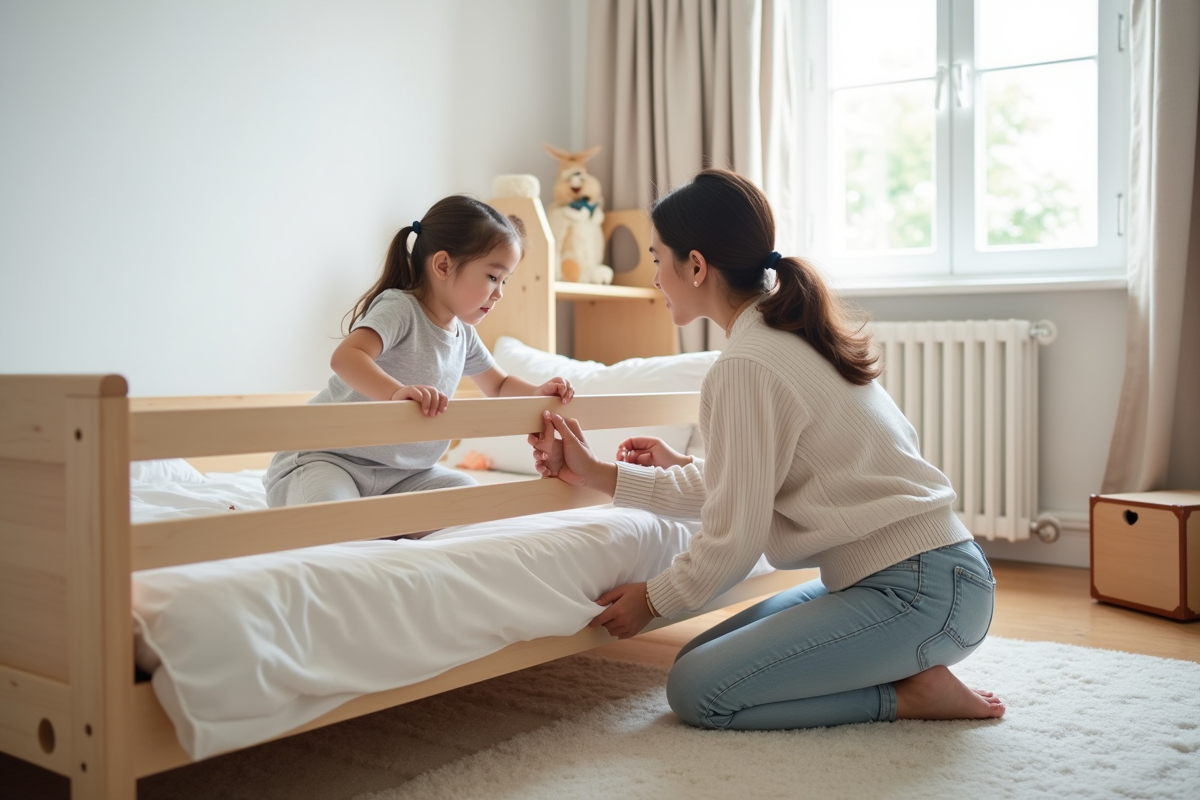 Maman fixant une barre de sécurité sur un lit Montessori avec sa fille