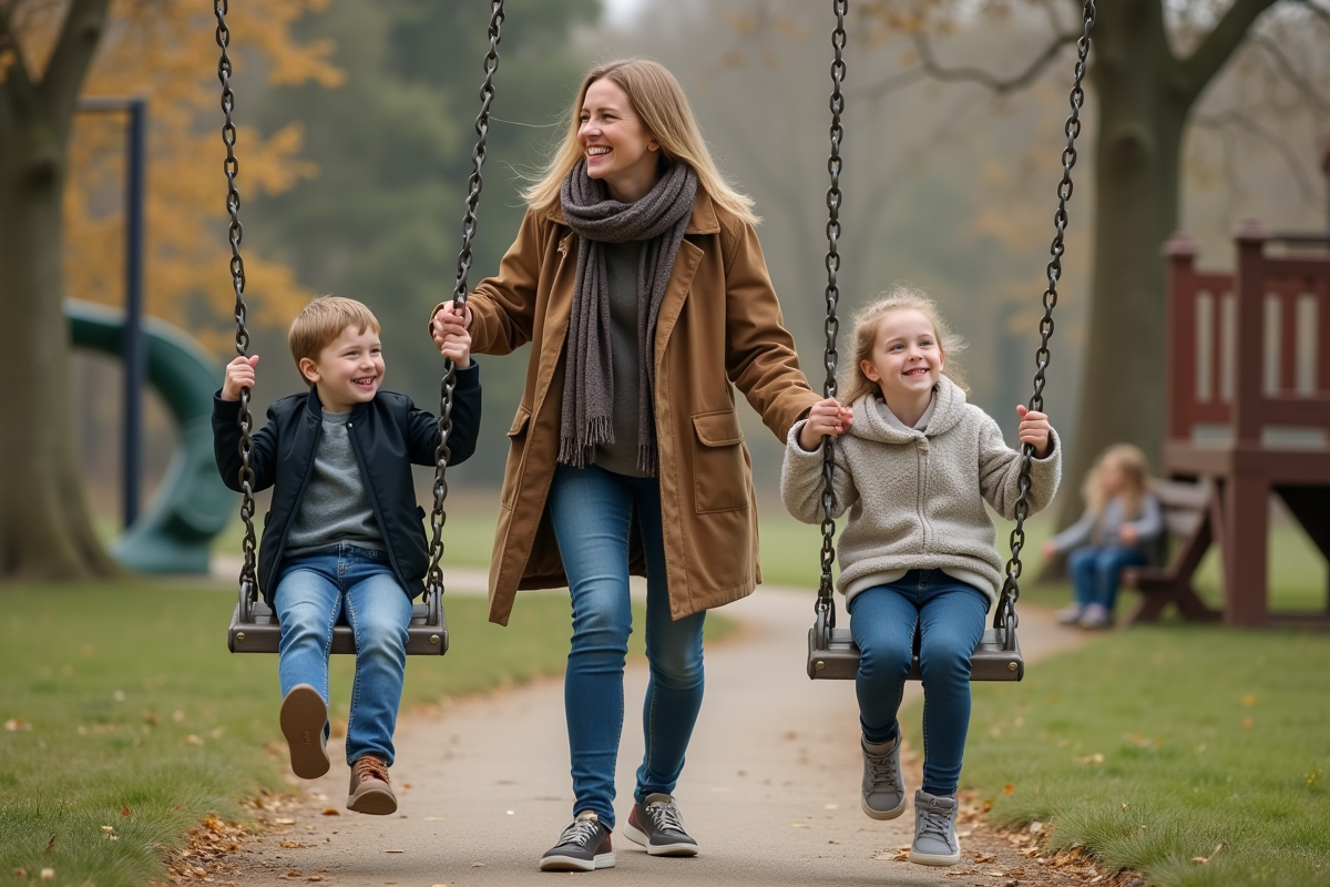 Maman joue avec ses enfants sur une balançoire au parc