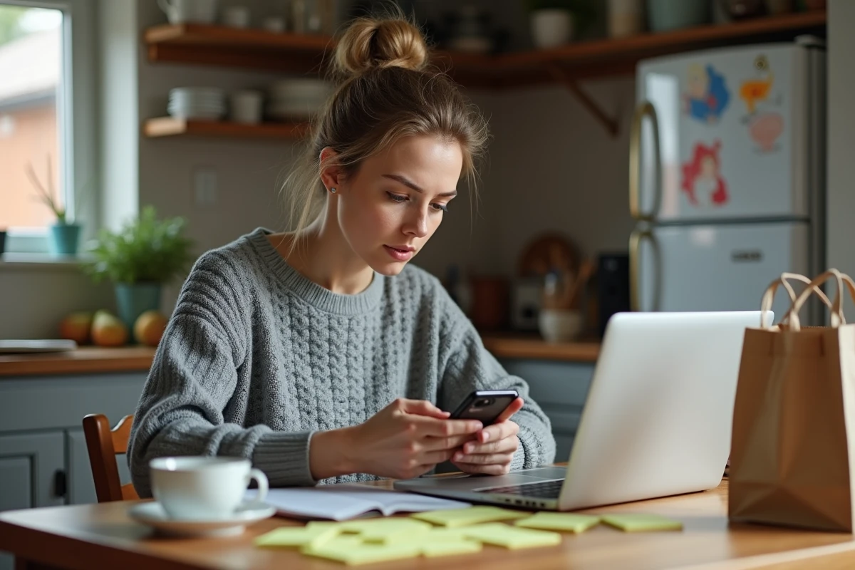 Maman organisant le planning des repas et les courses à la maison sur son smartphone avec des notes collantes sur la table de cuisine