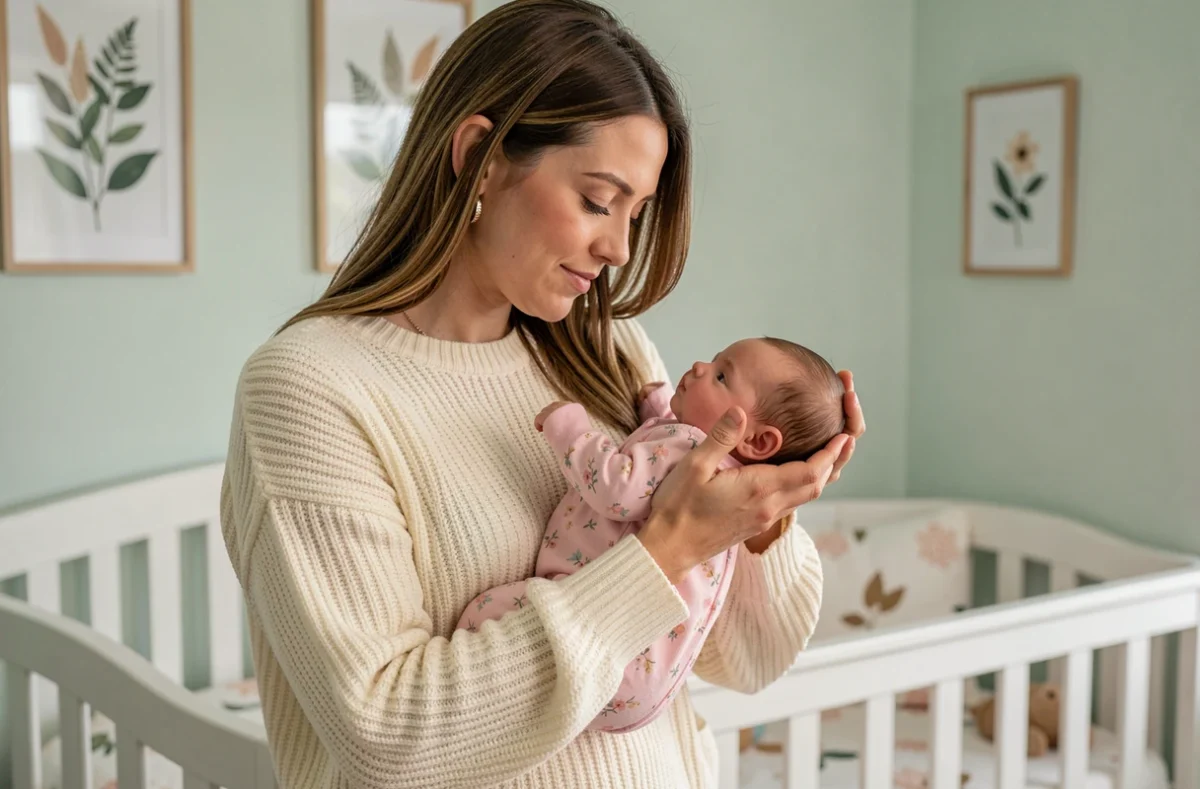 Maman tenant une poupée reborn fille réaliste habillée en rose dans une chambre de bébé décorée