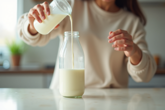 Maman verse du lait dans un biberon avec précision