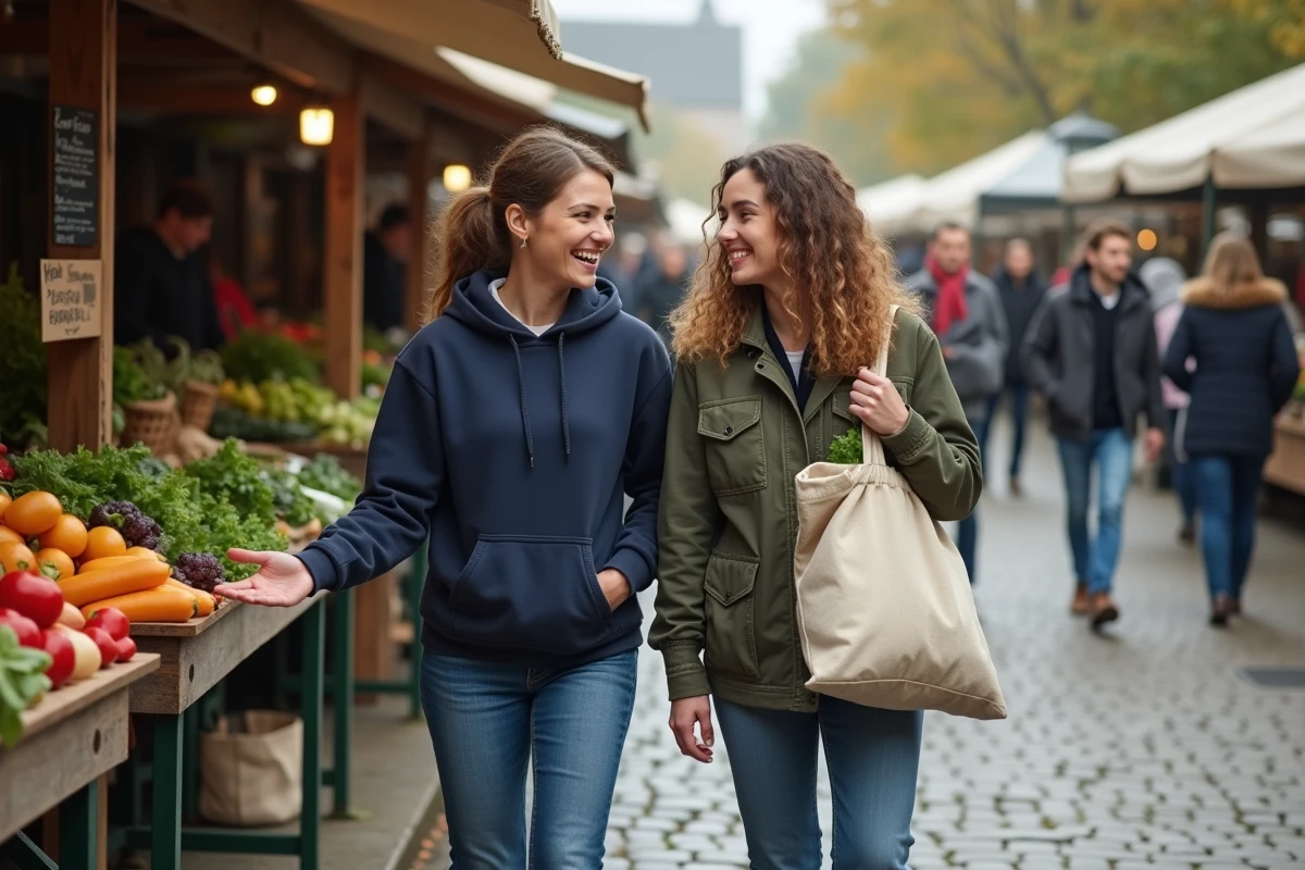 Deux mamans faisant leurs courses ensemble au marché fermier en plein air avec un sac réutilisable rempli de légumes frais