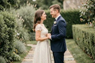 Couple élégant se tenant la main dans un jardin lors d'un mariage discret et intime