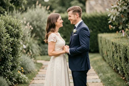 Couple élégant se tenant la main dans un jardin lors d'un mariage discret et intime