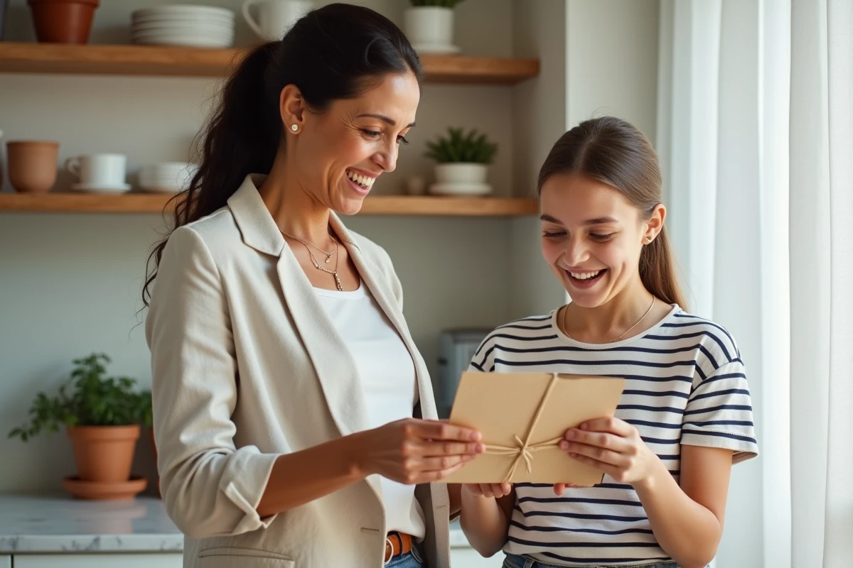 Une marraine offre un poème écrit à la main à sa filleule adolescente dans une cuisine lumineuse et moderne