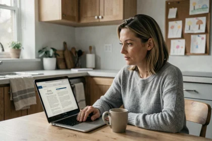Mère seule devant son ordinateur portable consultant des documents de divorce en ligne dans une cuisine familiale
