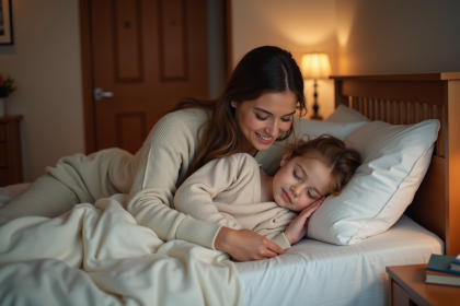 Mère et fille endormies dans une chambre chaleureuse