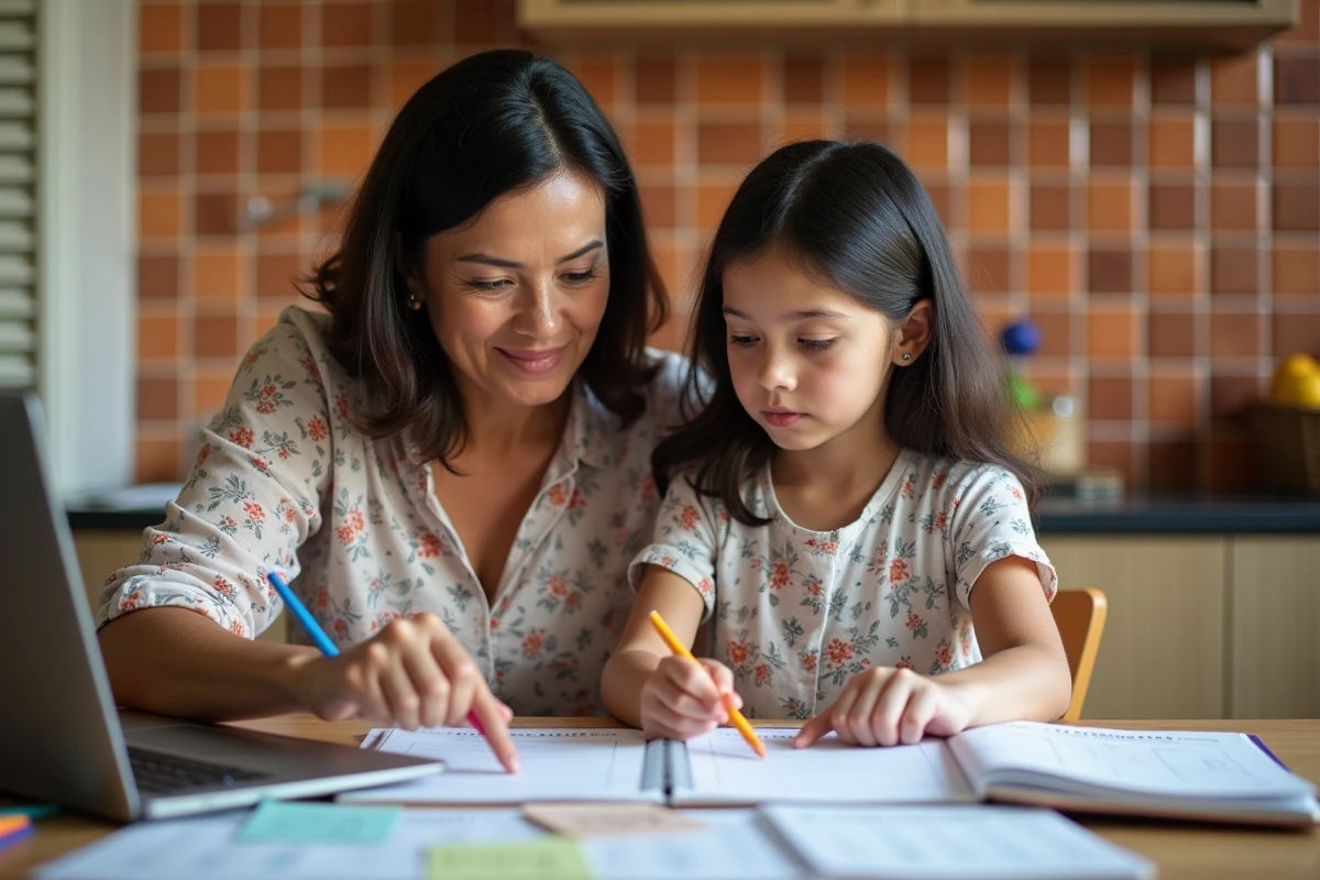 Mère et fille qui planifient les révisions scolaires ensemble à la maison à La Réunion pendant les vacances 2026