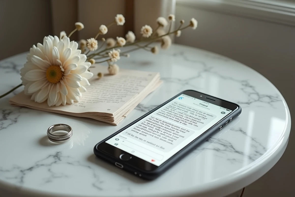 Smartphone affichant un message d'hommage à une tante décédée posé sur une table avec des objets symboliques et une fleur séchée