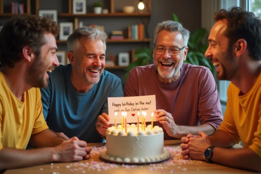 Groupe d'amis adultes riant autour d'un gâteau d'anniversaire avec un message humoristique écrit à la main