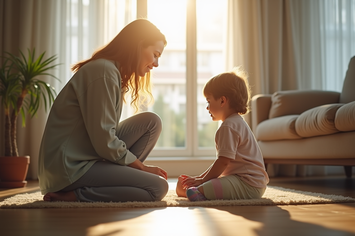 Intervenant éducatif avec enfant et parent dans un salon ensoleille