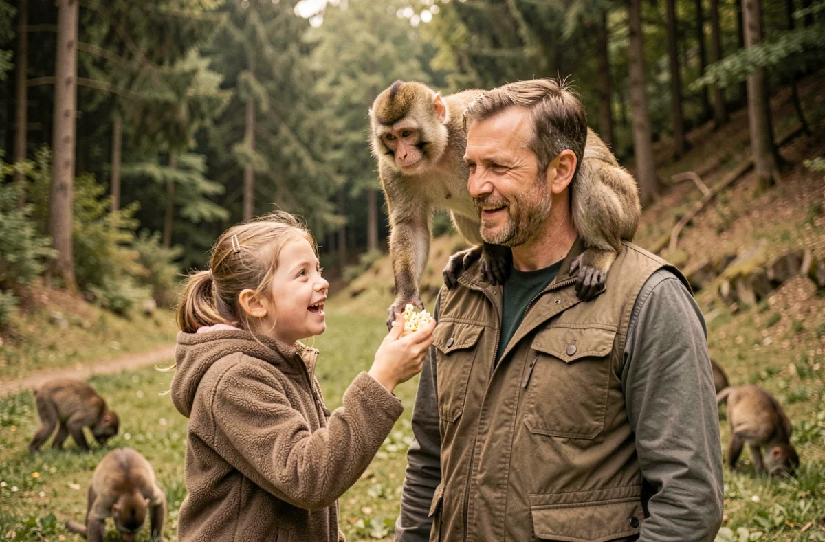 Père et sa fille interagissant avec des macaques de Barbarie en liberté à La Montagne des Singes à Kintzheim en Alsace