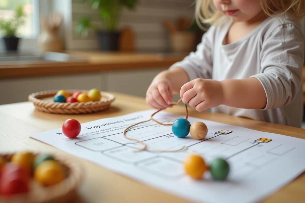 Gros plan sur les mains d'un enfant de 2-3 ans enfilant des perles en bois sur une activité de motricité fine imprimée posée sur une table de cuisine à la maison