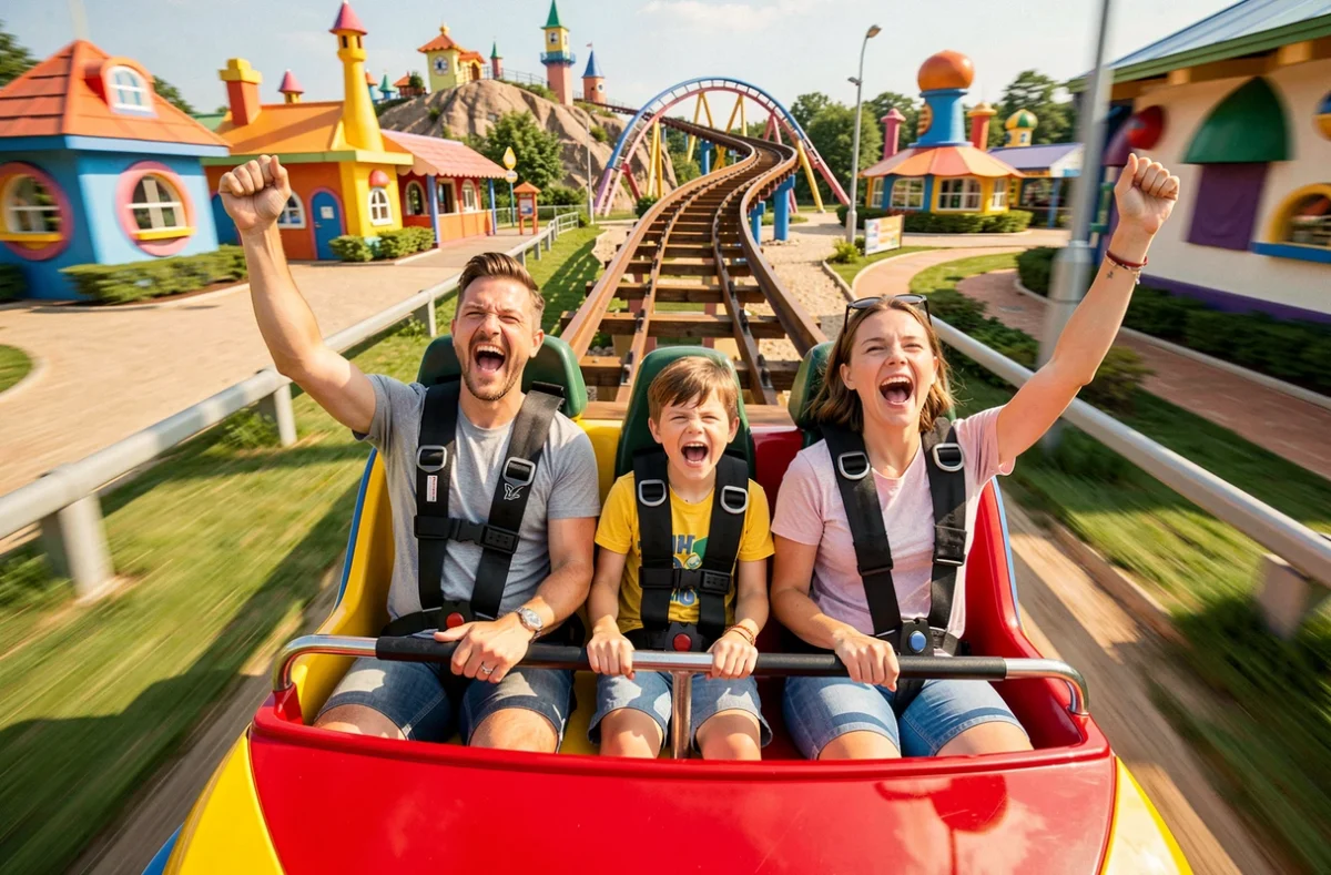 Famille en train de profiter d'un grand huit avec des cris de joie au parc d'attractions Nigloland à Dolancourt
