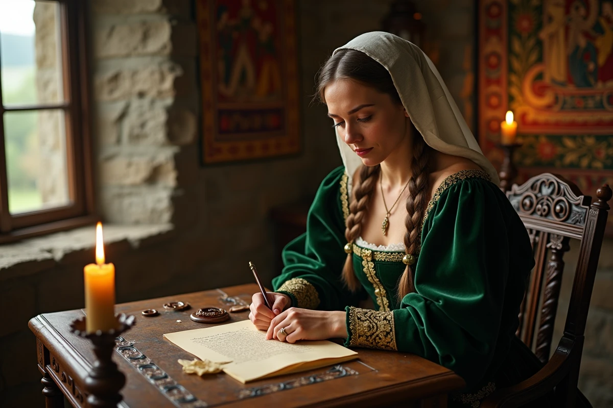 Dame noble écrivant dans une chambre médiévale