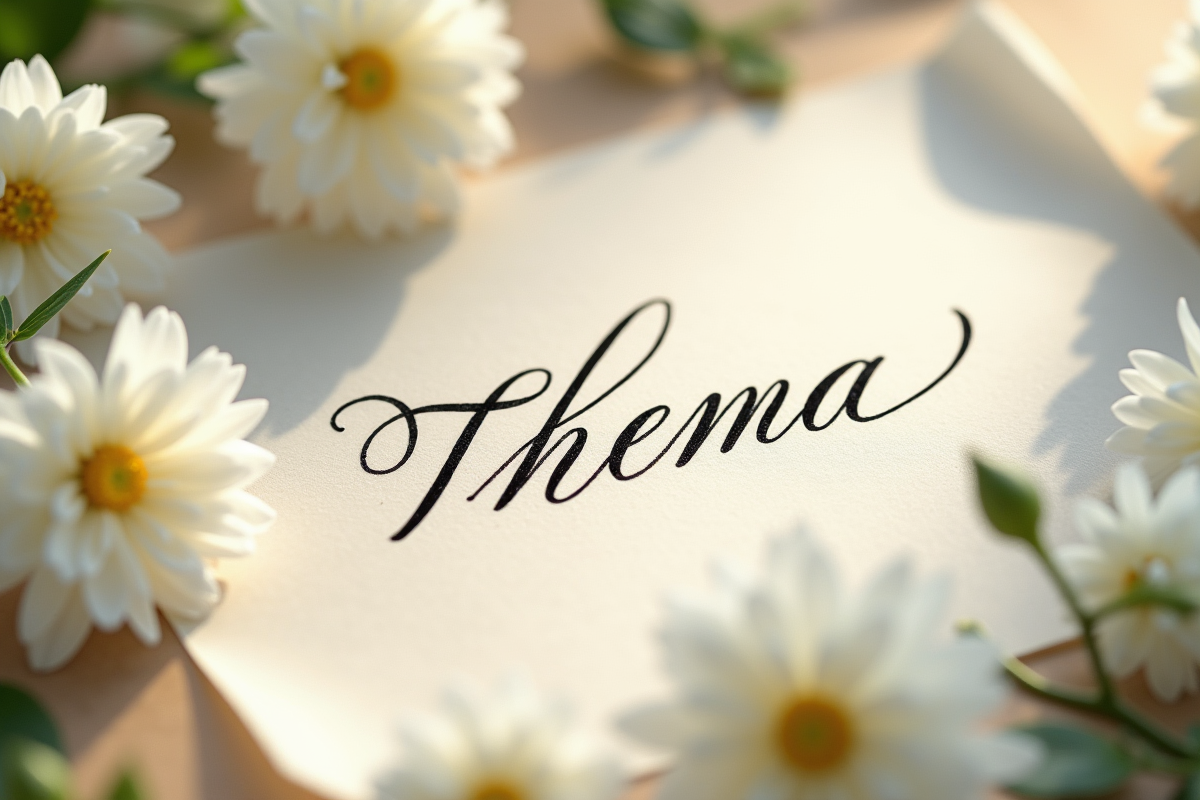 Nom Thelma écrit à la main sur papier entouré de fleurs blanches