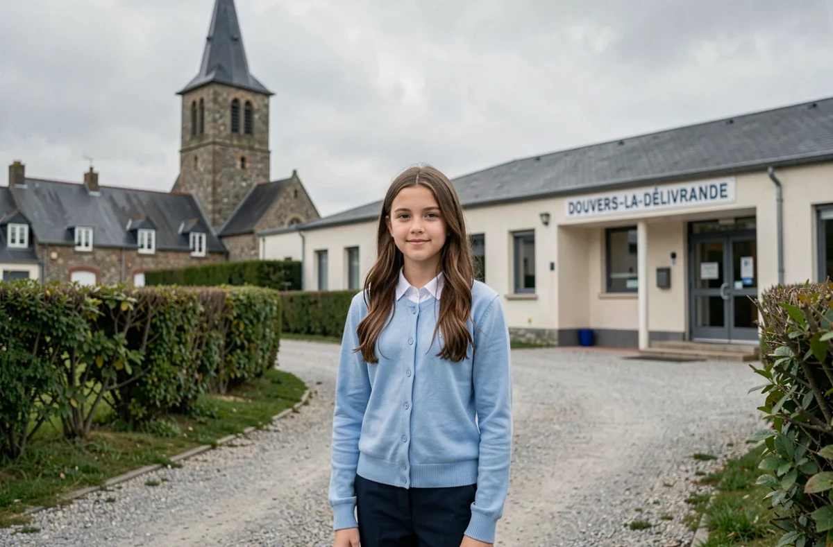 Une lycéenne devant les bâtiments du LP et LT Notre-Dame de Nazareth à Douvres-la-Délivrande