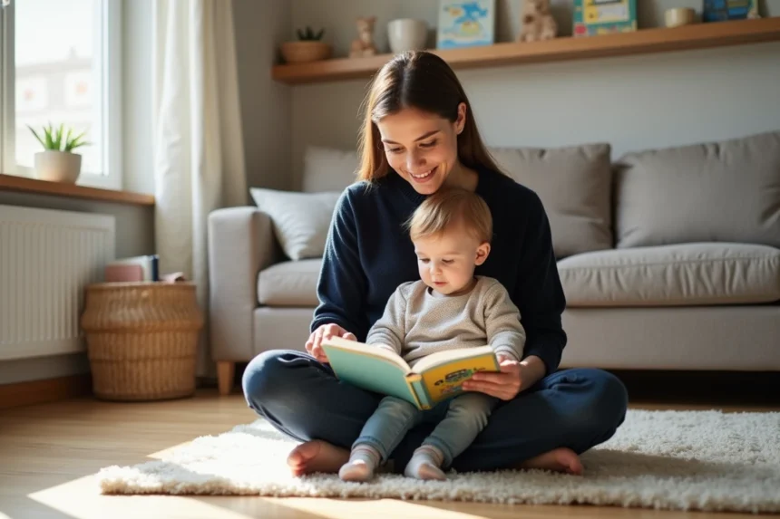 Nounou professionnelle lisant un livre illustré à un tout-petit dans un salon scandinave chaleureux
