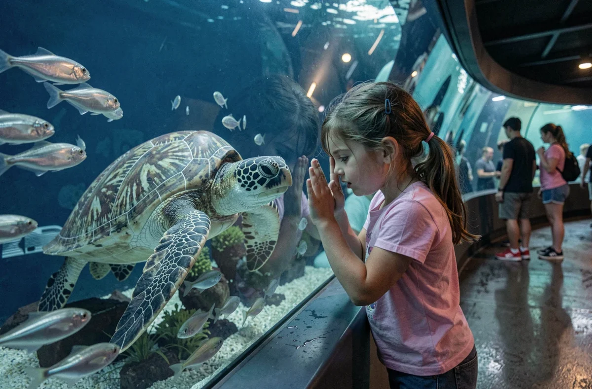 Deux enfants émerveillés devant une tortue marine et des poissons dans le grand aquarium de l'Océarium du Croisic