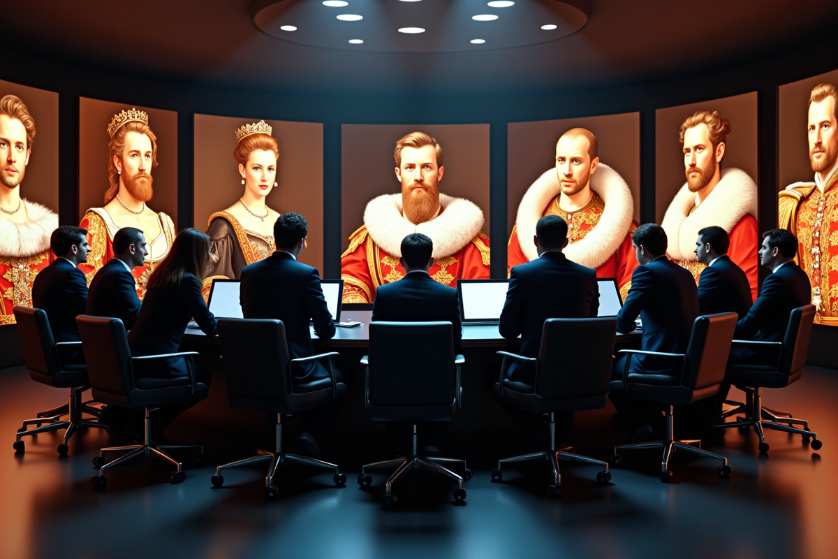 Experts analysant portraits royaux sur écrans modernes dans un bureau lumineux