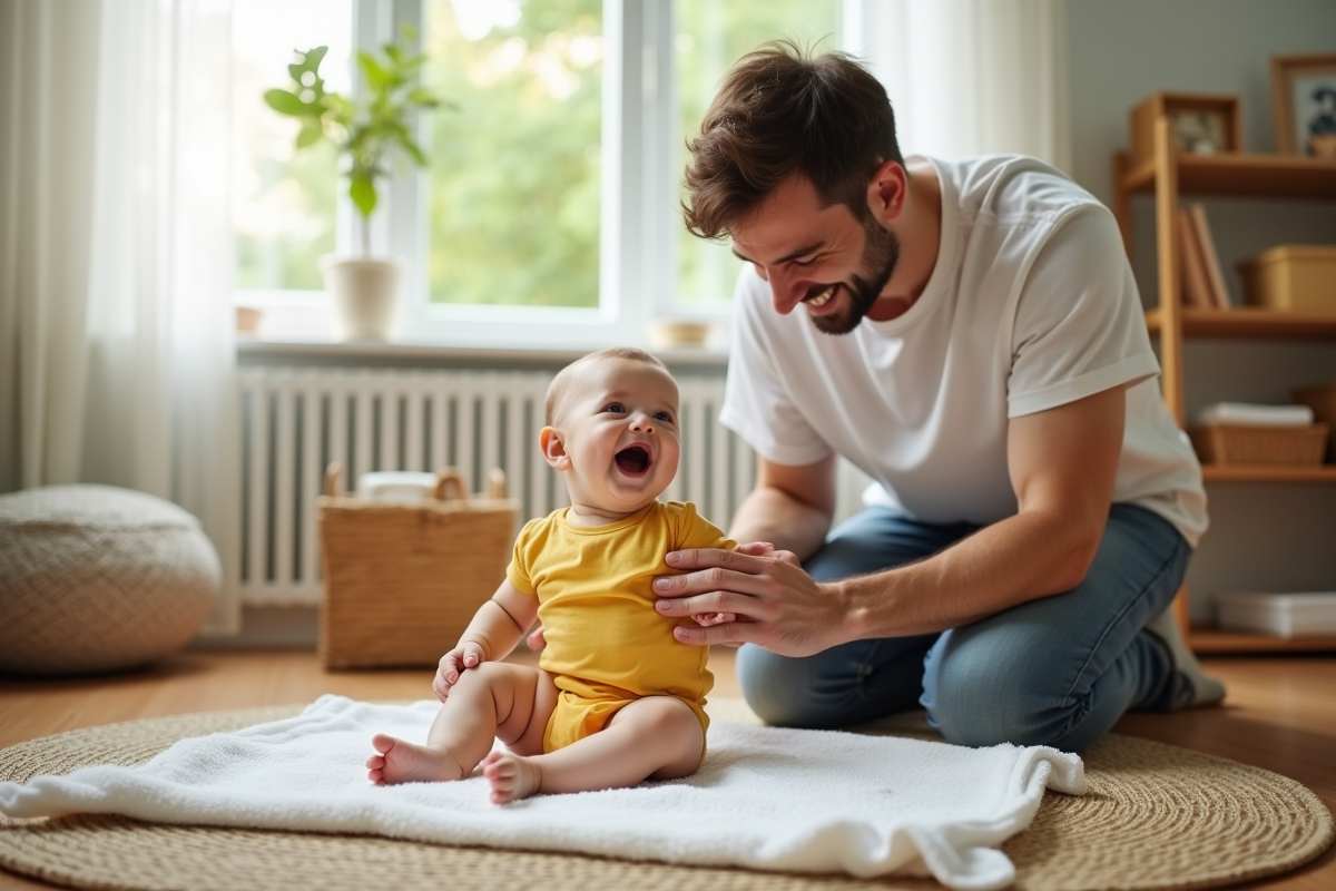Papa jouant avec son bébé dans une nurserie lumineuse