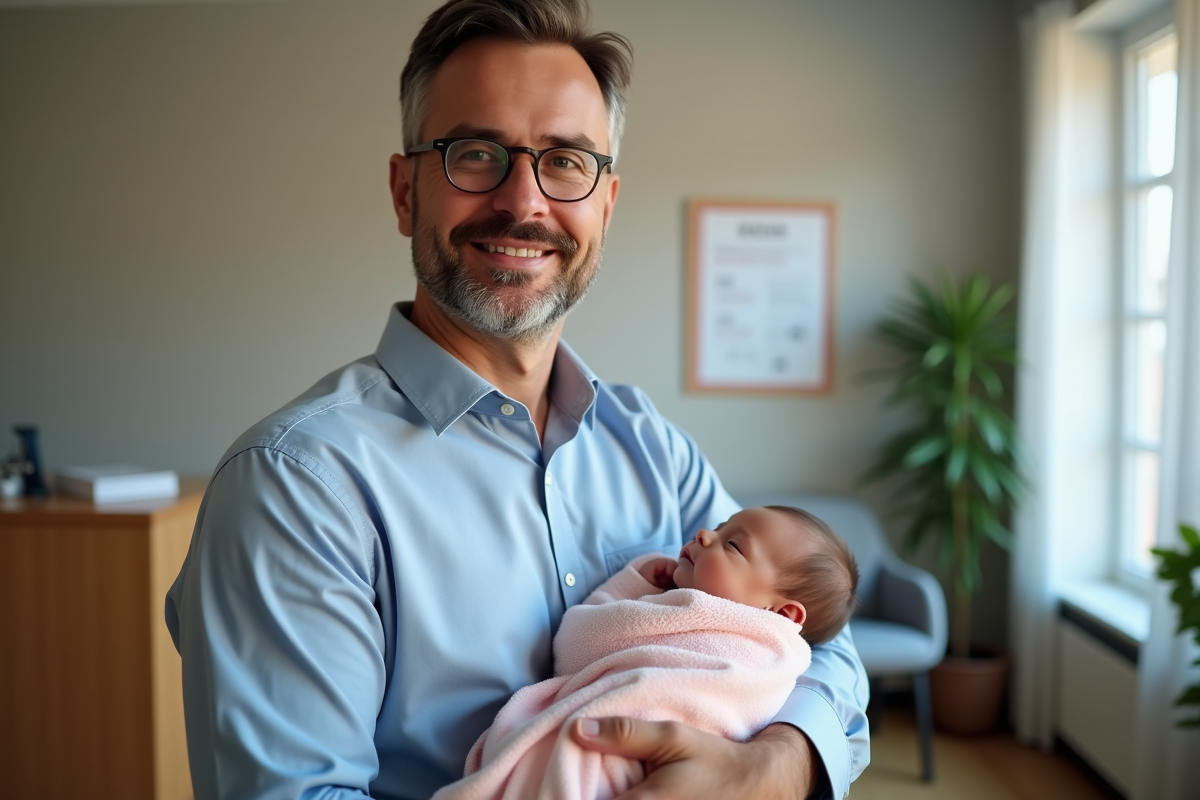 Pere tenant un bebe dans une salle d attente