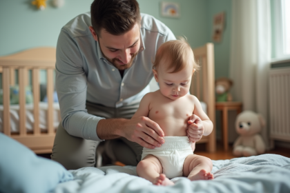 Père changeant un bébé endormi dans une chambre douce