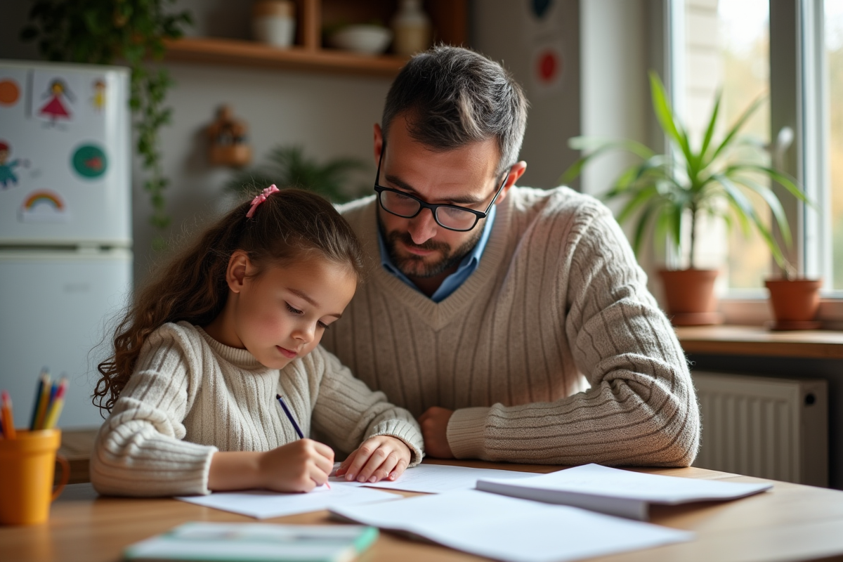 Père aidant sa fille à faire ses devoirs à la maison