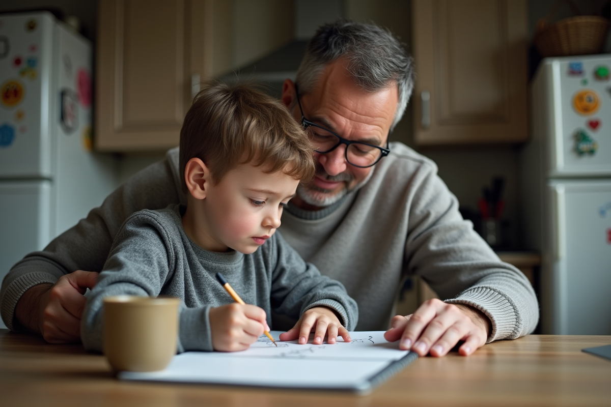 Père et fils dessinant à la cuisine chaleureuse
