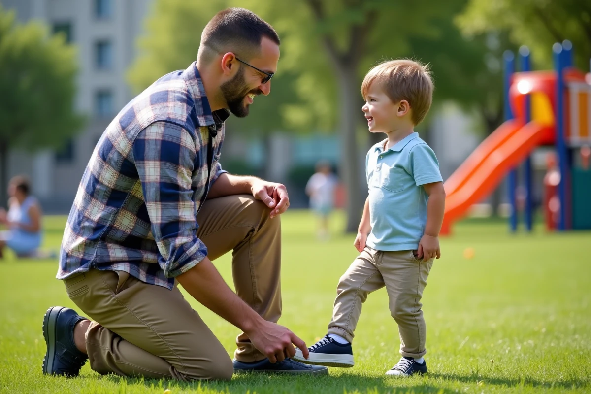 Papa aidant son fils à lacer ses chaussures dans un parc