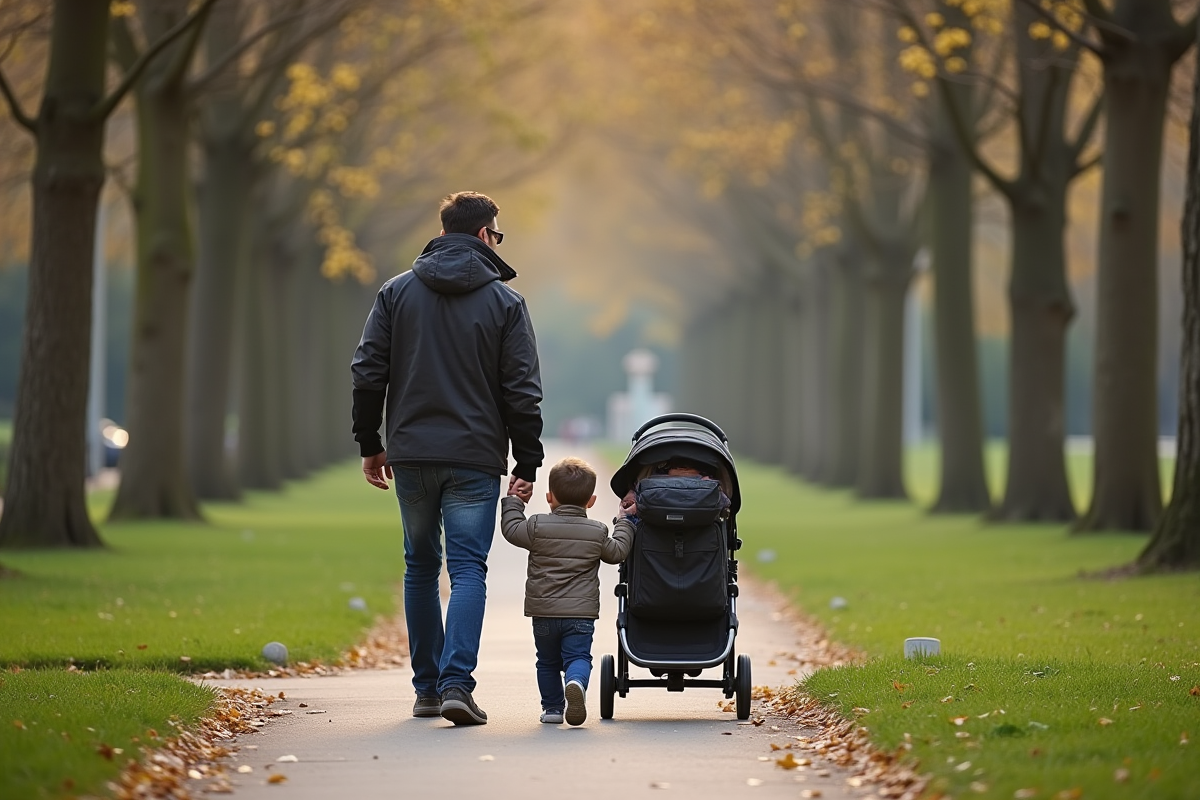 Père avec ses enfants dans un parc urbain