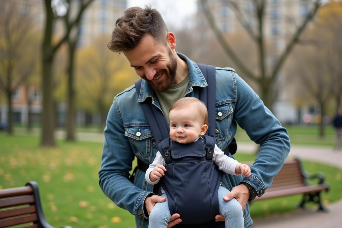 Papa ajustant un porte-bébé ergonomique dans un parc urbain