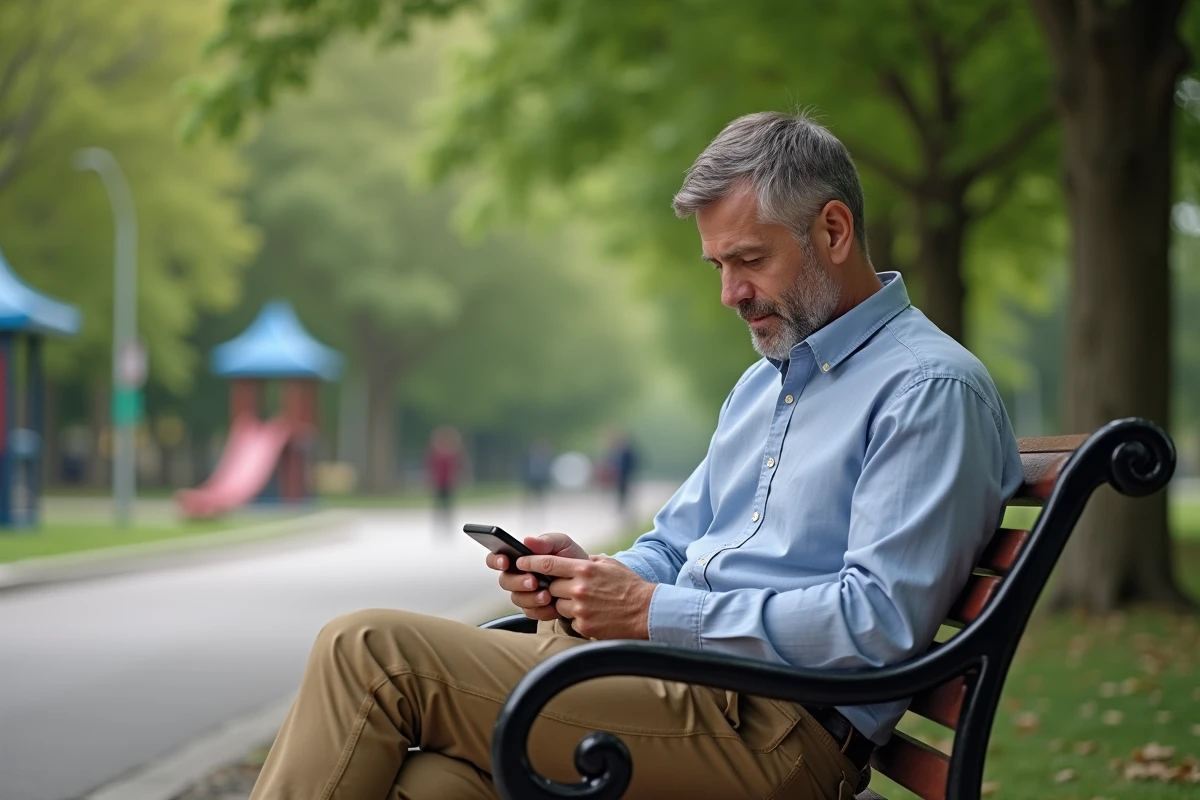 Papa assis sur un banc dans un parc en pleine réflexion