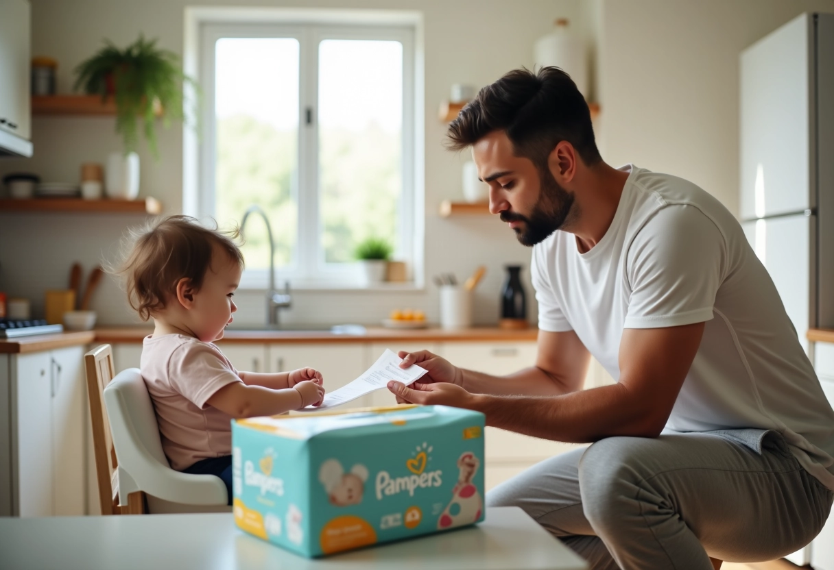 Père vérifiant une facture de courses avec son bébé