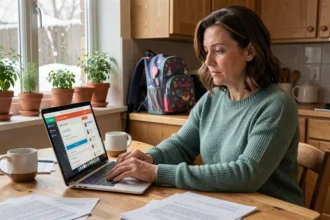 Mère paramétrant l'application OnDonneDesNouvelles sur son ordinateur portable avant la classe de neige de son enfant